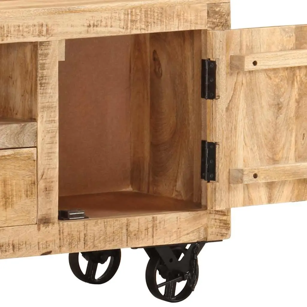 Wooden TV Cabinet Industrial Style 110cm Solid Rough Mango with Wheels