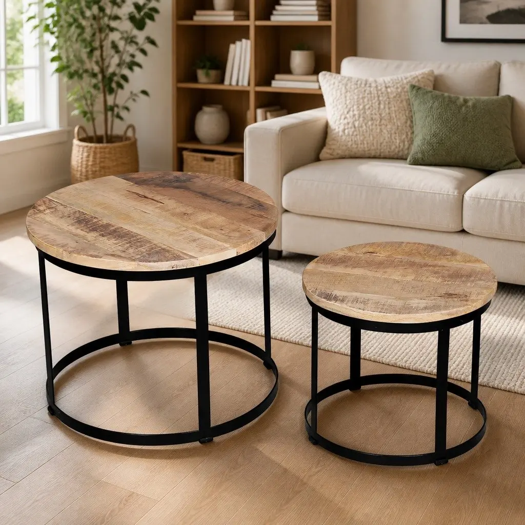Coffee Table Set Industrial Vintage Style Round 40 50 cm Rough Mango Wood with Iron Frame