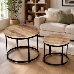 Set of 2 Round Wooden Coffee Tables for Living Room