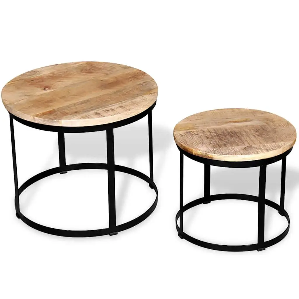Coffee Table Set Industrial Vintage Style Round 40 50 cm Rough Mango Wood with Iron Frame