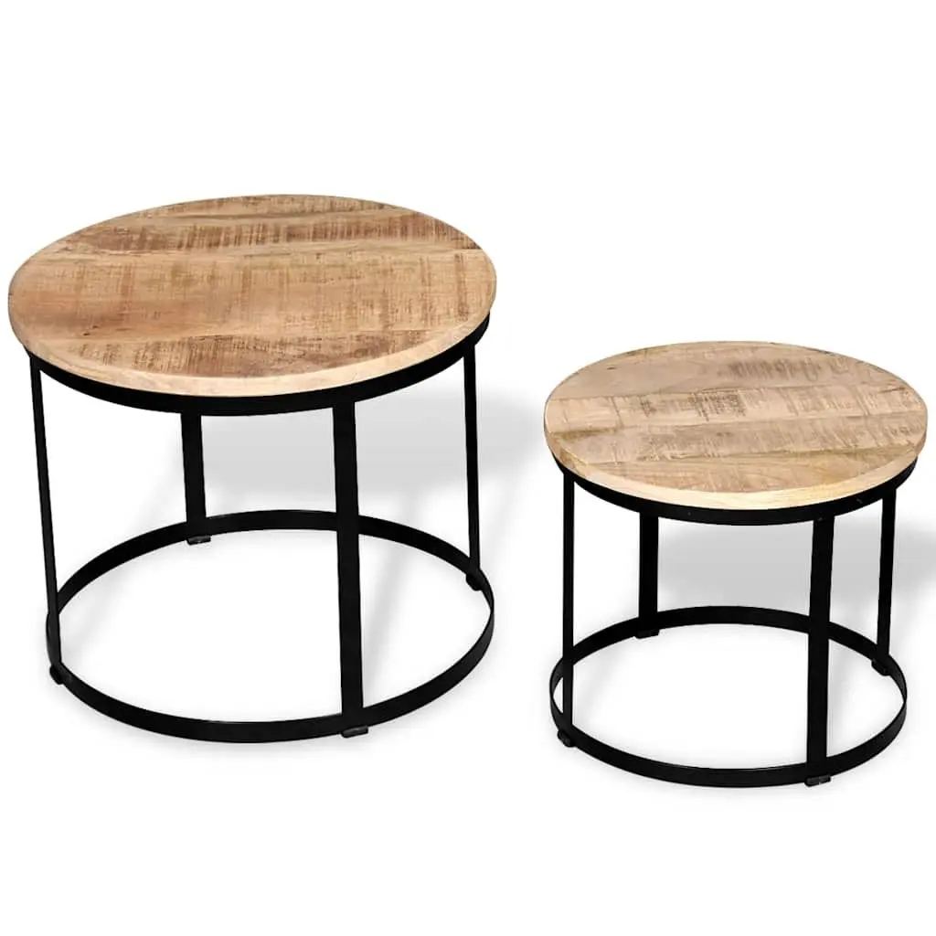 Coffee Table Set Industrial Vintage Style Round 40 50 cm Rough Mango Wood with Iron Frame
