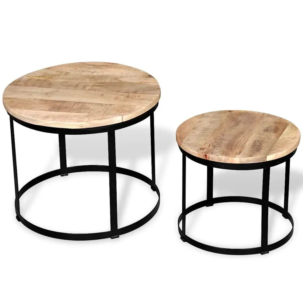 Coffee Table Set Industrial Vintage Style Round 40 50 cm Rough Mango Wood with Iron Frame