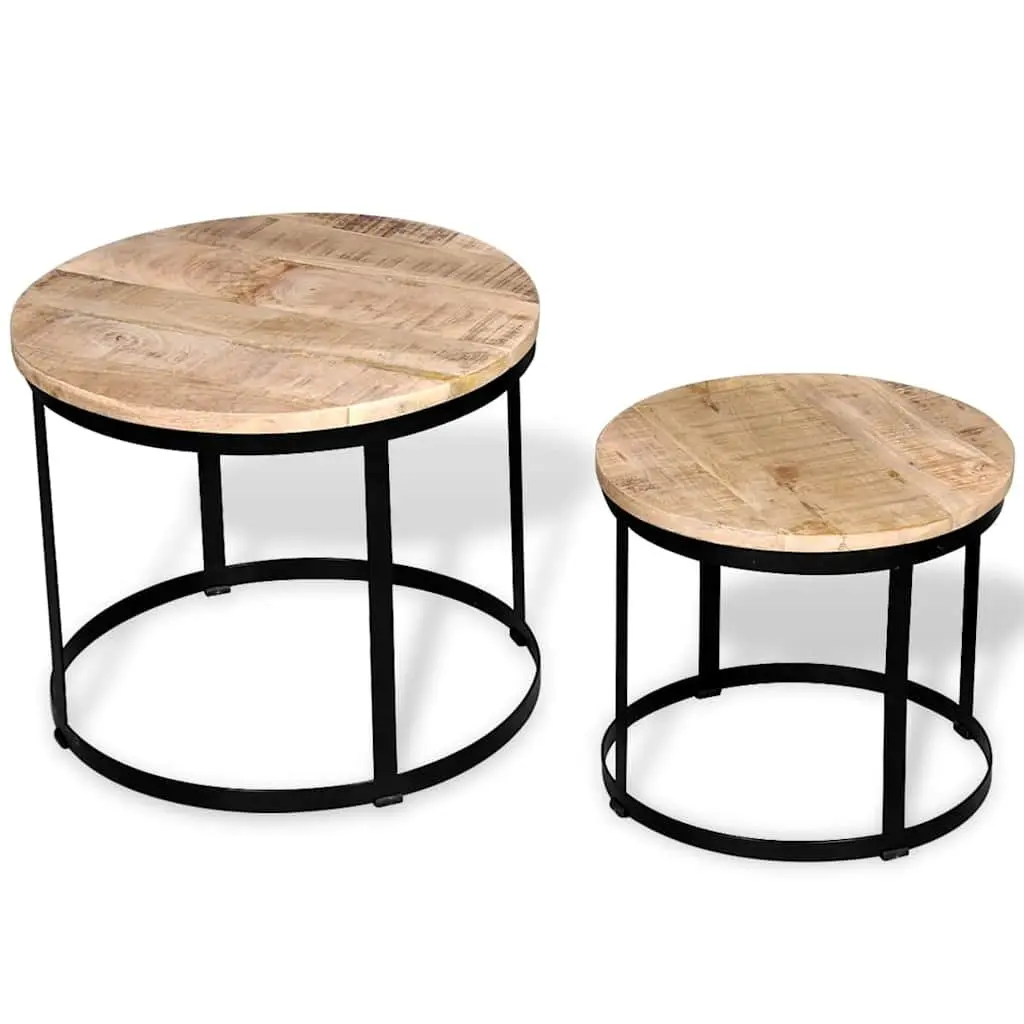 Coffee Table Set Industrial Vintage Style Round 40 50 cm Rough Mango Wood with Iron Frame