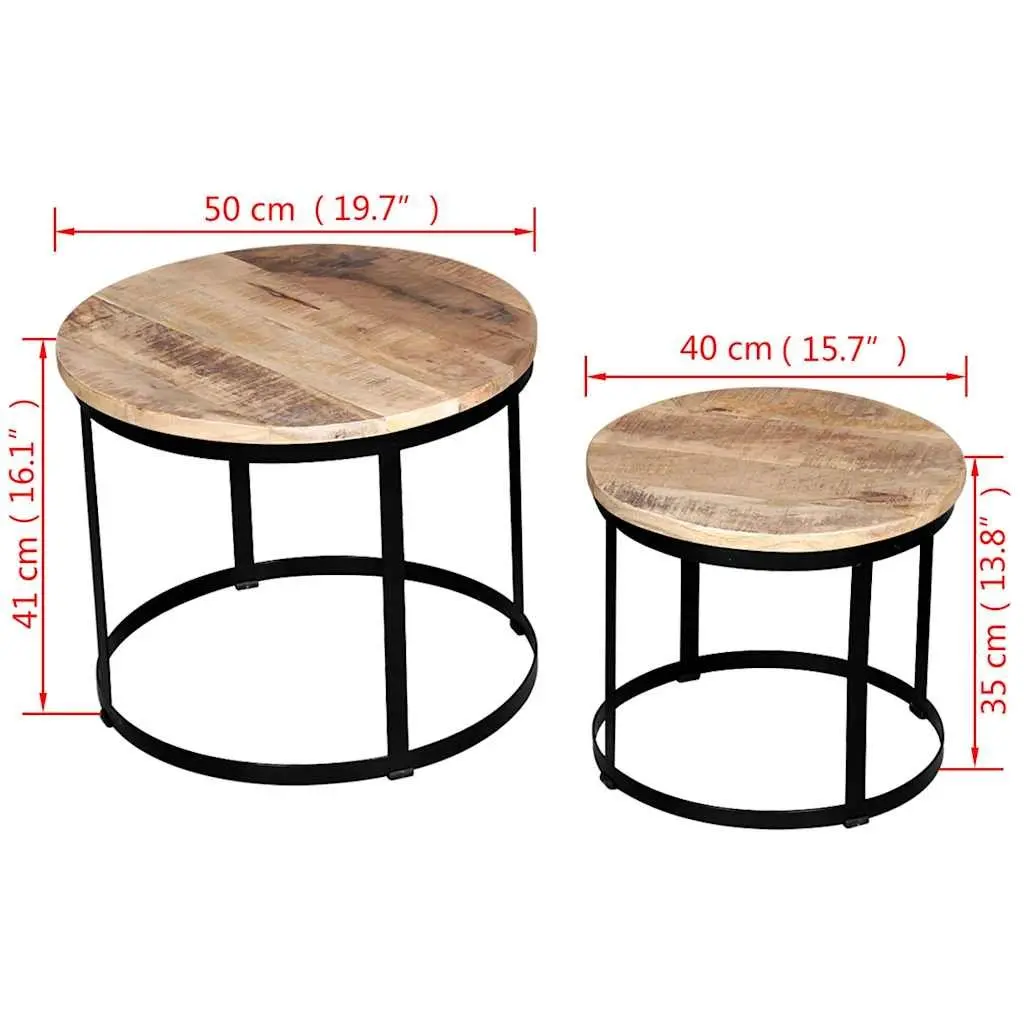 Coffee Table Set Industrial Vintage Style Round 40 50 cm Rough Mango Wood with Iron Frame