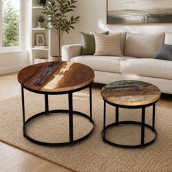 Round Coffee Table Set of 2 in Vintage Industrial Style