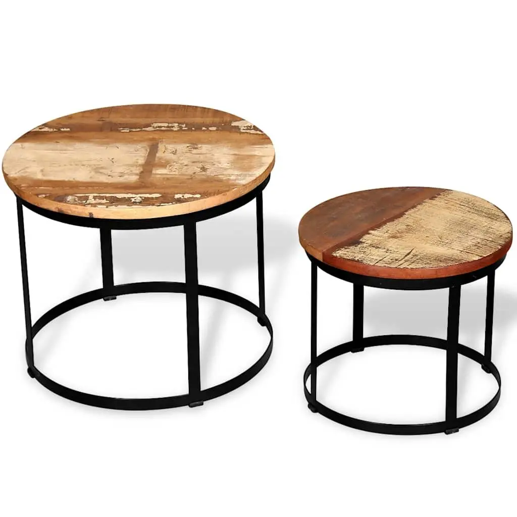 Coffee Table Set Industrial Vintage Round Reclaimed Wood 40cm 50cm