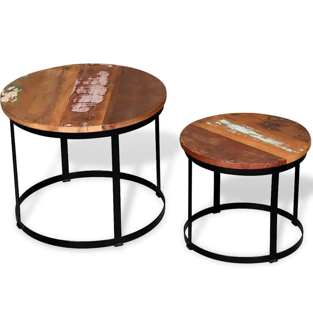 Coffee Table Set Industrial Vintage Round Reclaimed Wood 40cm 50cm