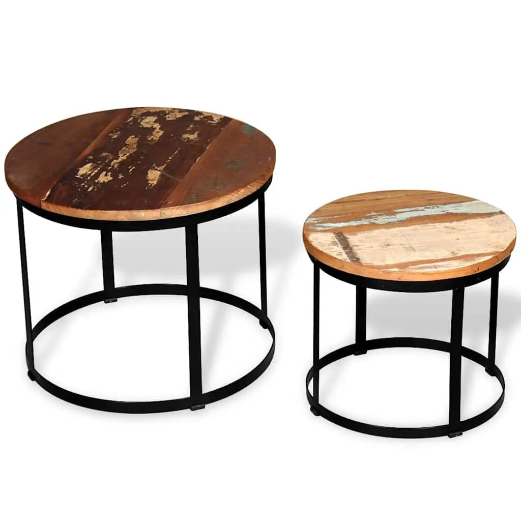Coffee Table Set Industrial Vintage Round Reclaimed Wood 40cm 50cm
