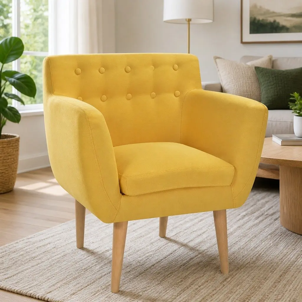Armchair Yellow Fabric Upholstered Padded Seat Wooden Frame Living Room