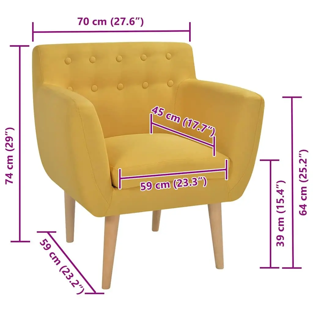 Armchair Yellow Fabric Upholstered Padded Seat Wooden Frame Living Room