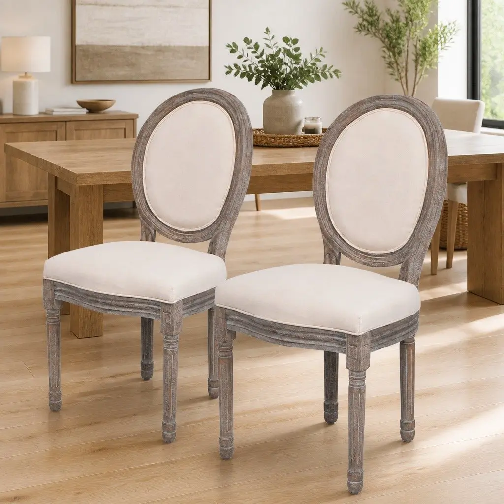 Cream Upholstered Dining Chairs 2 Piece Foam Padded Seat Wooden Legs