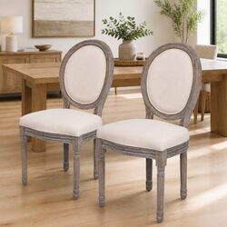 Cream Fabric Dining Chairs Set of 2 with Wooden Legs