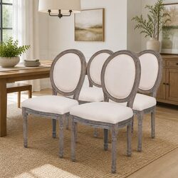 Set of 4 Cream Linen Upholstered Dining Chairs