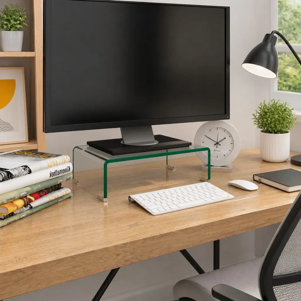 Glass TV Stand Monitor Riser Tempered Transparent 40x25x11cm