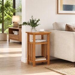 Solid Oak End Table with Magazine Shelf for Living Rooms