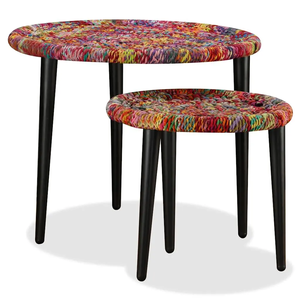 Coffee Table Set 2 Pieces Chindi Weave Multicolour Nesting Tables Living Room