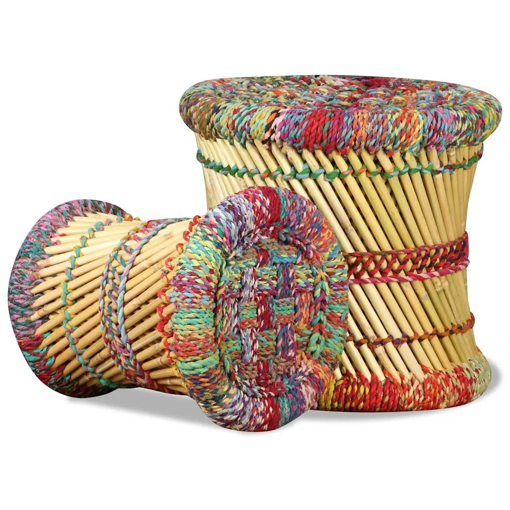 Bamboo Stools with Chindi Details Set of 2 Multicolour Footstools Side Tables
