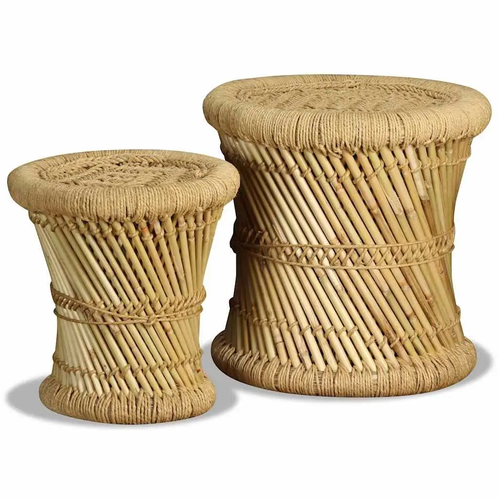 Bamboo and Jute Stools Set of 2 Brown Natural Woven Indoor Outdoor Garden Patio