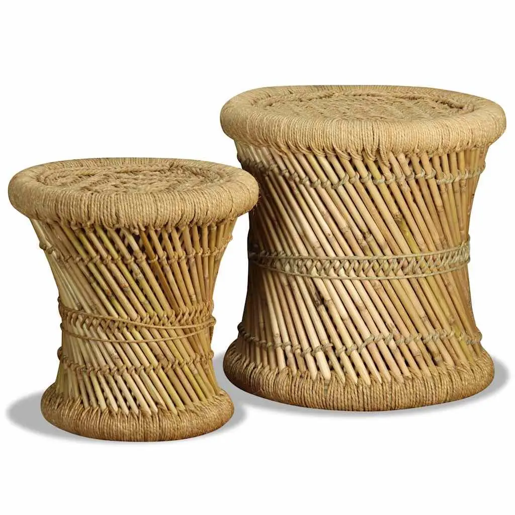 Bamboo and Jute Stools Set of 2 Brown Natural Woven Indoor Outdoor Garden Patio