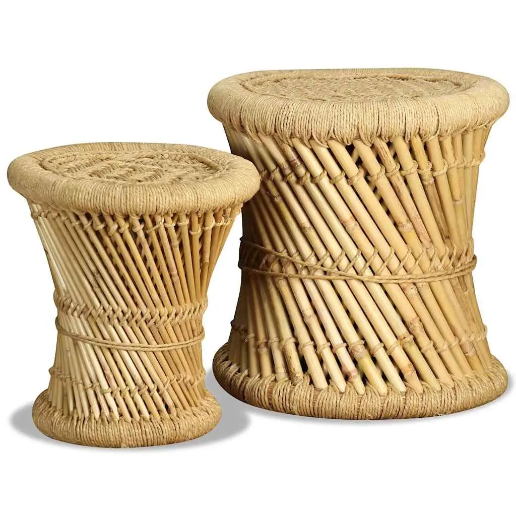 Bamboo and Jute Stools Set of 2 Brown Natural Woven Indoor Outdoor Garden Patio