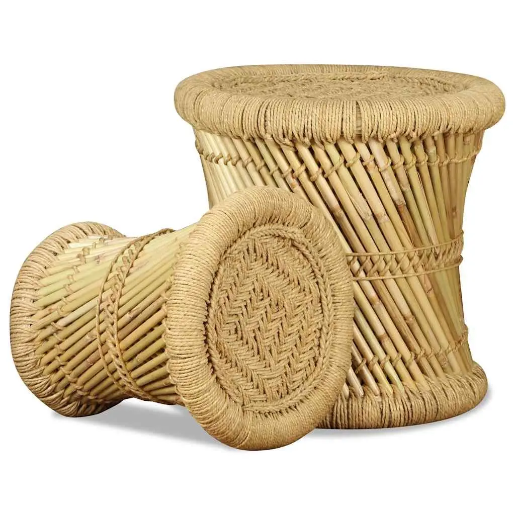 Bamboo and Jute Stools Set of 2 Brown Natural Woven Indoor Outdoor Garden Patio