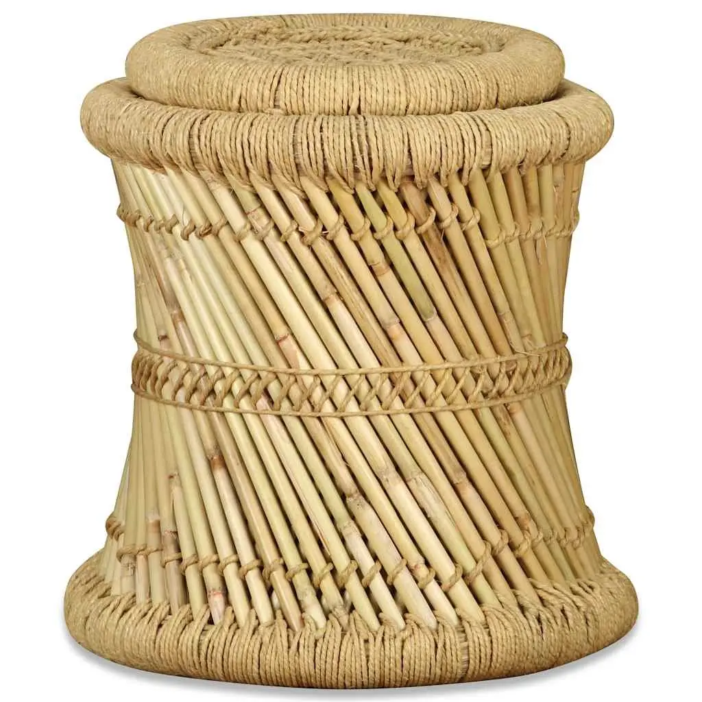 Bamboo and Jute Stools Set of 2 Brown Natural Woven Indoor Outdoor Garden Patio