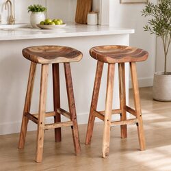 Set of 2 Handmade Brown Acacia Wood Bar Stools