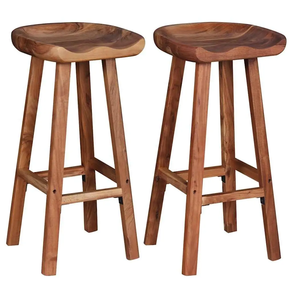 Set of 2 Handmade Brown Acacia Wood Bar Stools
