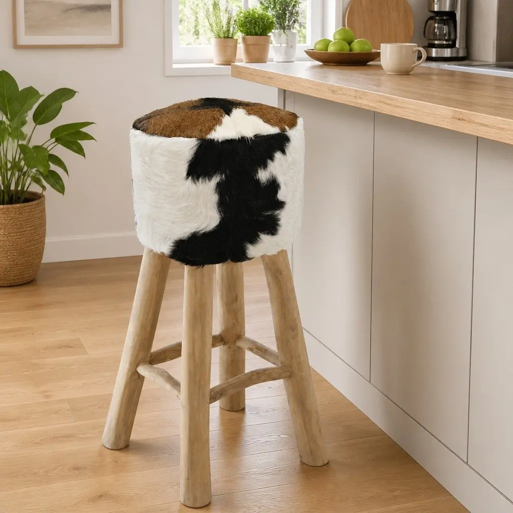 Rustic Brown Bar Stool with Goat Leather and Teak Frame