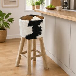 Rustic Brown Bar Stool with Goat Leather and Teak Frame