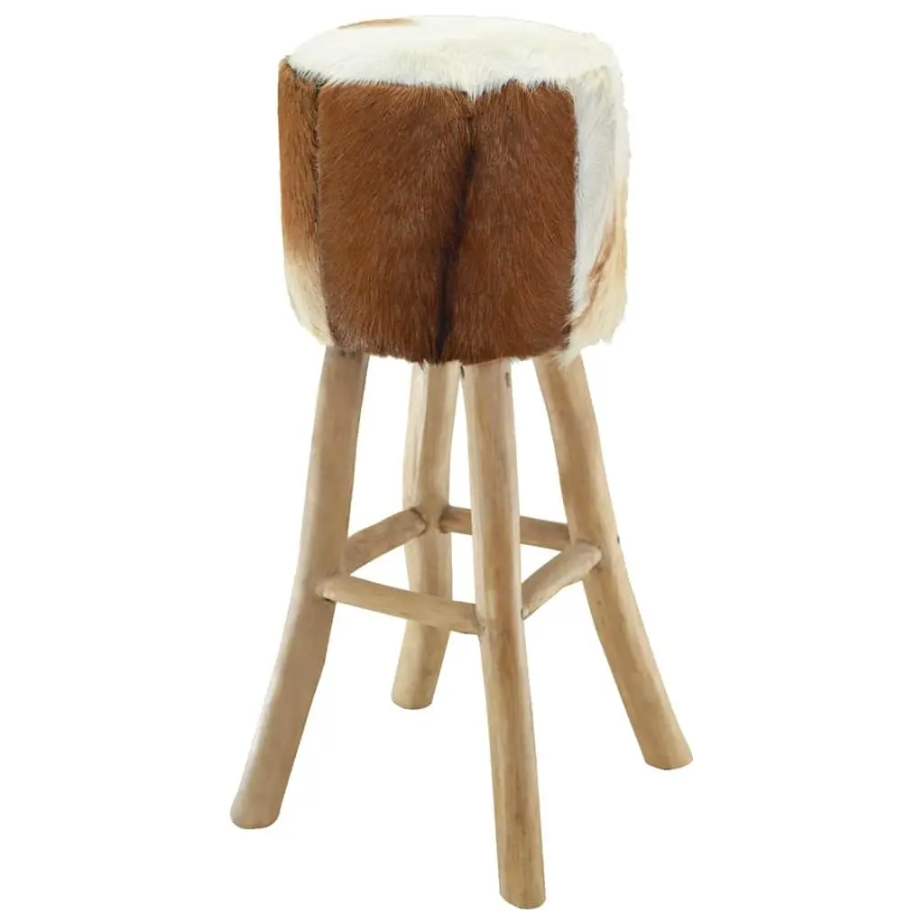 Rustic Brown Bar Stool with Goat Leather and Teak Frame