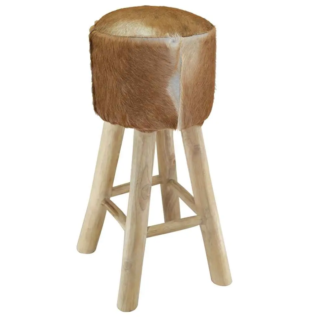 Rustic Brown Bar Stool with Goat Leather and Teak Frame