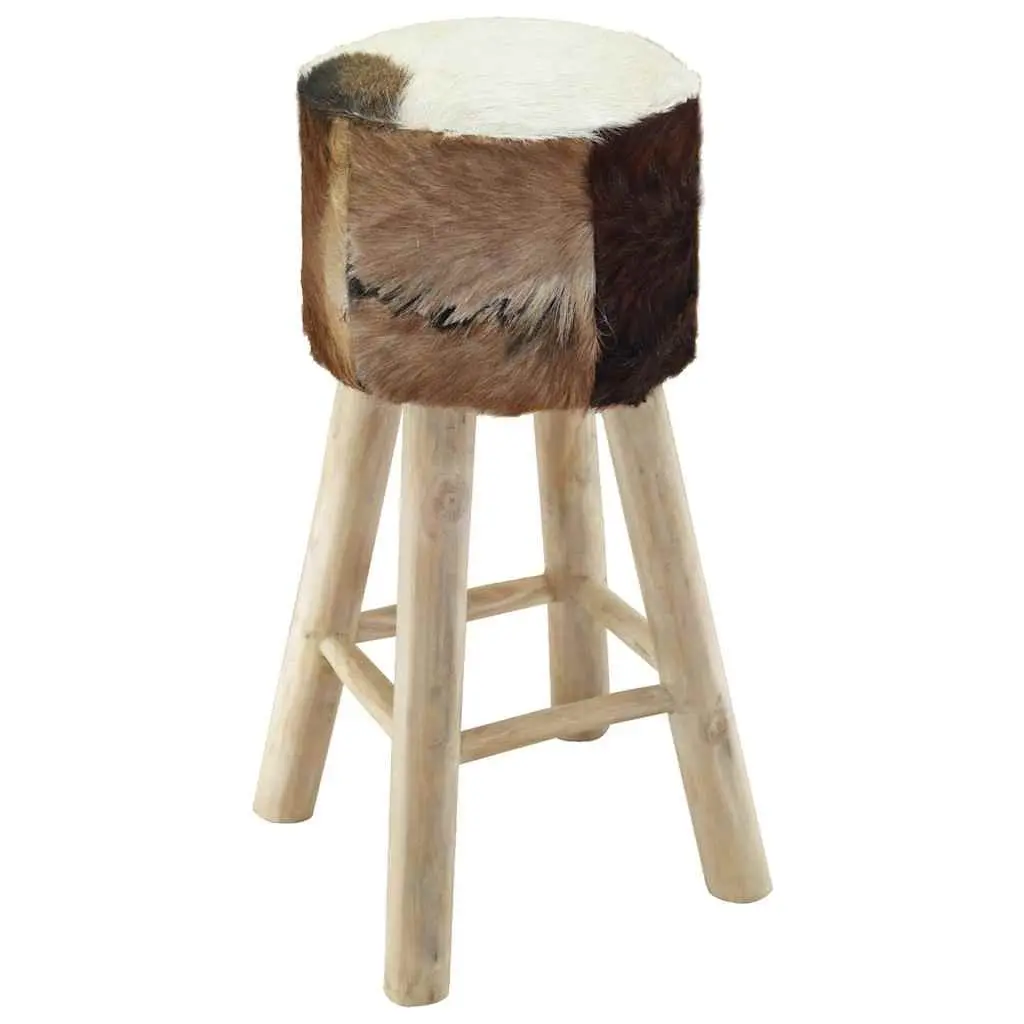 Rustic Brown Bar Stool with Goat Leather and Teak Frame