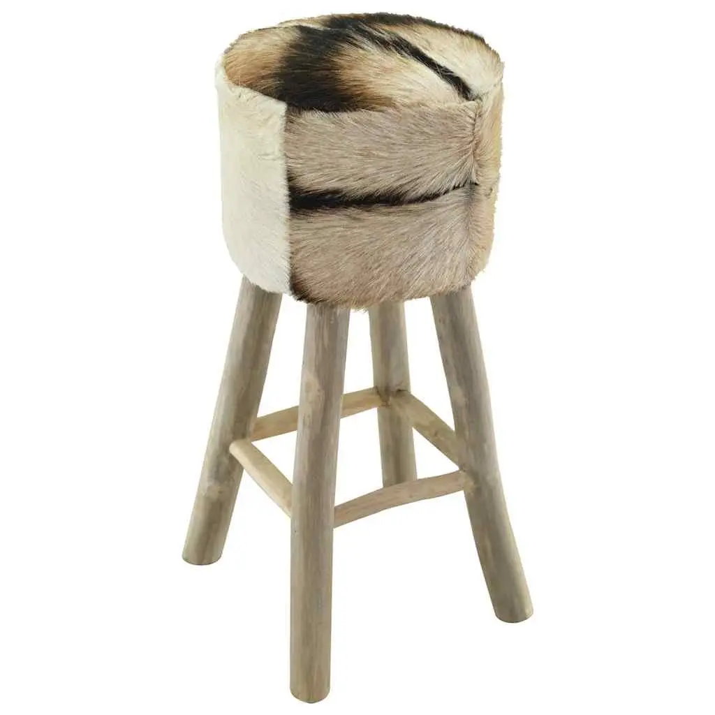 Rustic Brown Bar Stool with Goat Leather and Teak Frame
