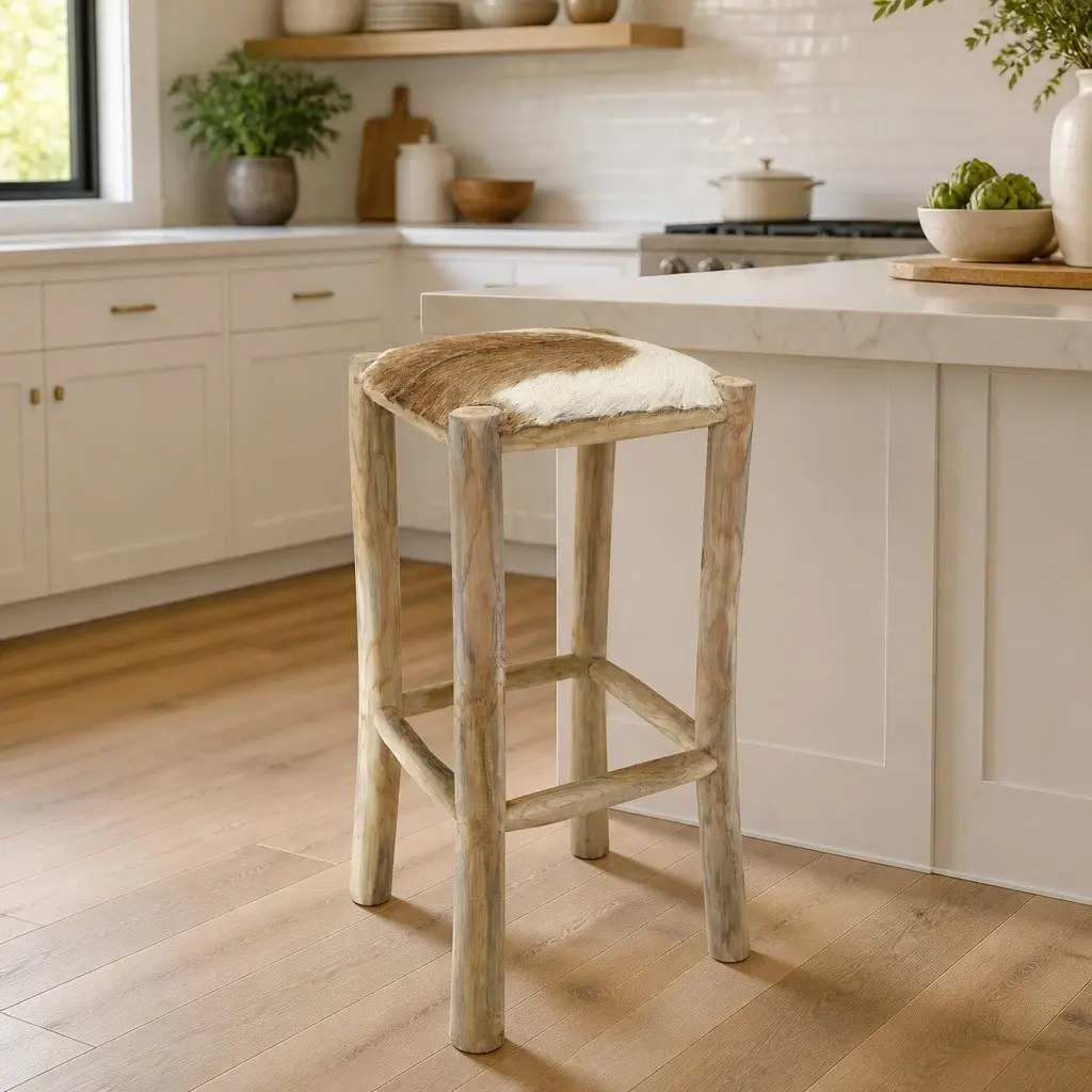 Rustic Brown Bar Stool with Goatskin Leather Seat