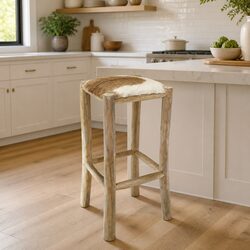 Rustic Brown Bar Stool with Goatskin Leather Seat