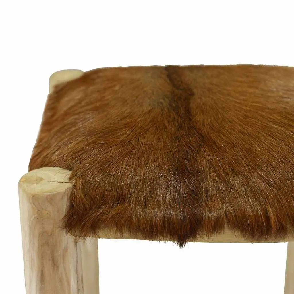 Rustic Brown Bar Stool with Goatskin Leather Seat