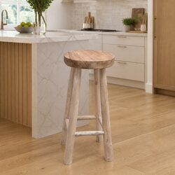 Rustic Brown Teak Wood Bar Stool with Curved Legs