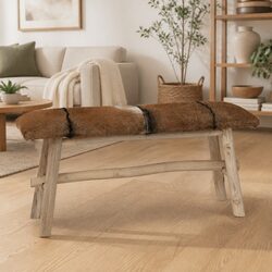 Goat Leather Bench with Teak Frame for Stylish Living
