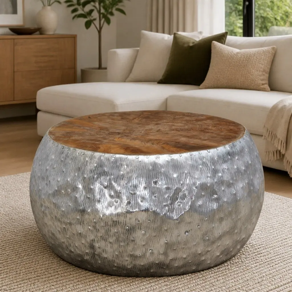 Teak Top Round Coffee Table with Aluminium Frame 60x60x30cm