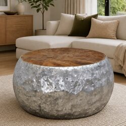 Teak Top Round Coffee Table with Aluminium Frame 60x60x30cm