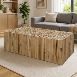 Brown Wood Teak Style Coffee Table for Living Spaces