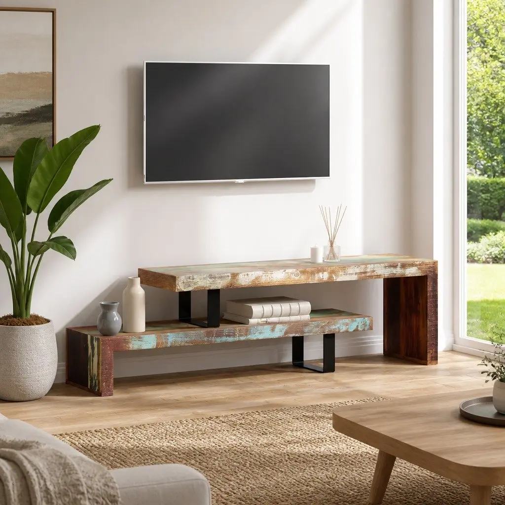 TV Stand Stackable Two-Tier Brown Solid Reclaimed Wood Storage Cabinet