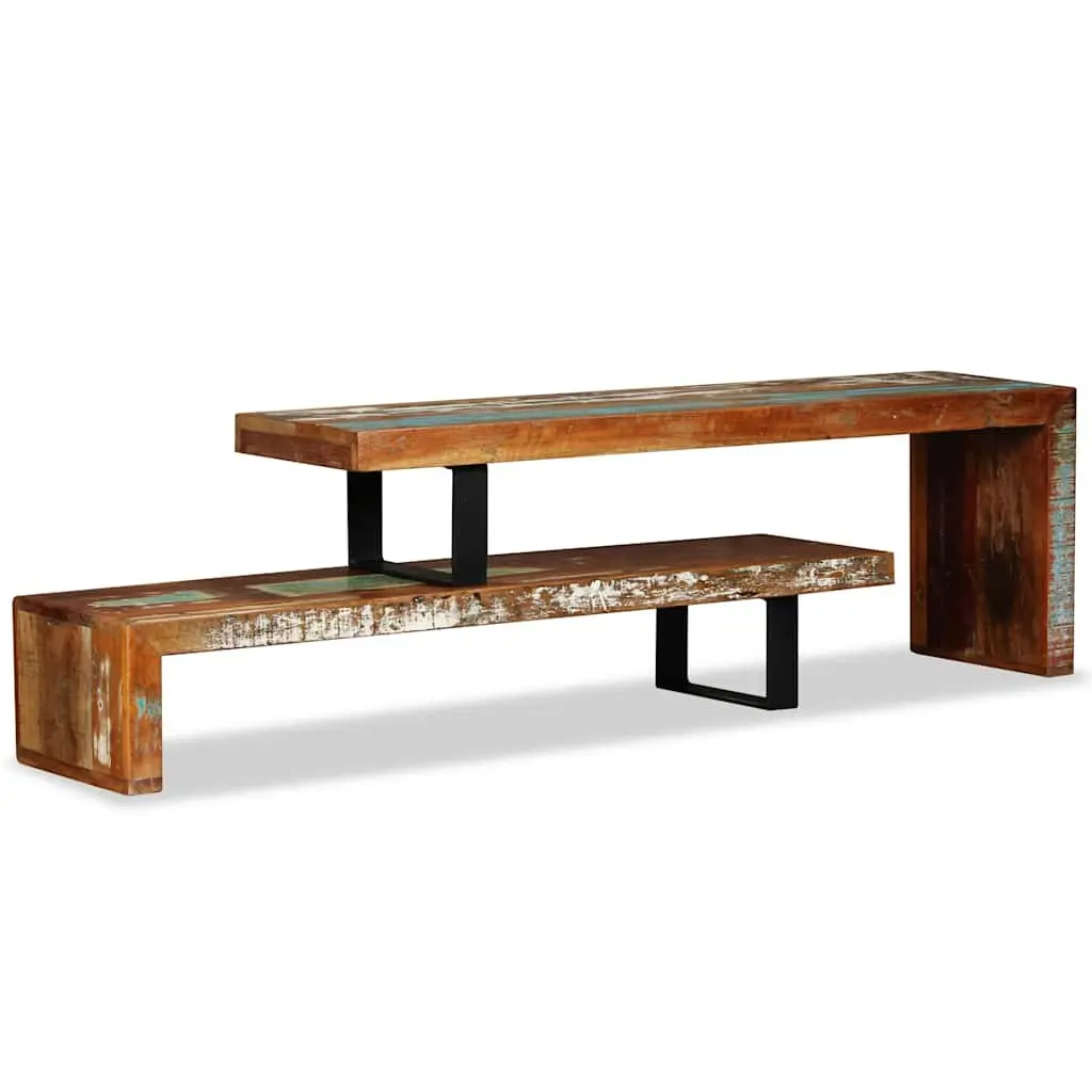 TV Stand Stackable Two-Tier Brown Solid Reclaimed Wood Storage Cabinet