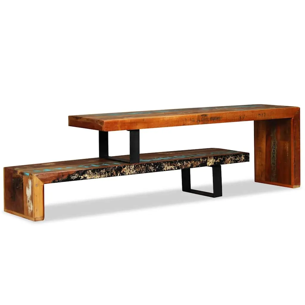 TV Stand Stackable Two-Tier Brown Solid Reclaimed Wood Storage Cabinet