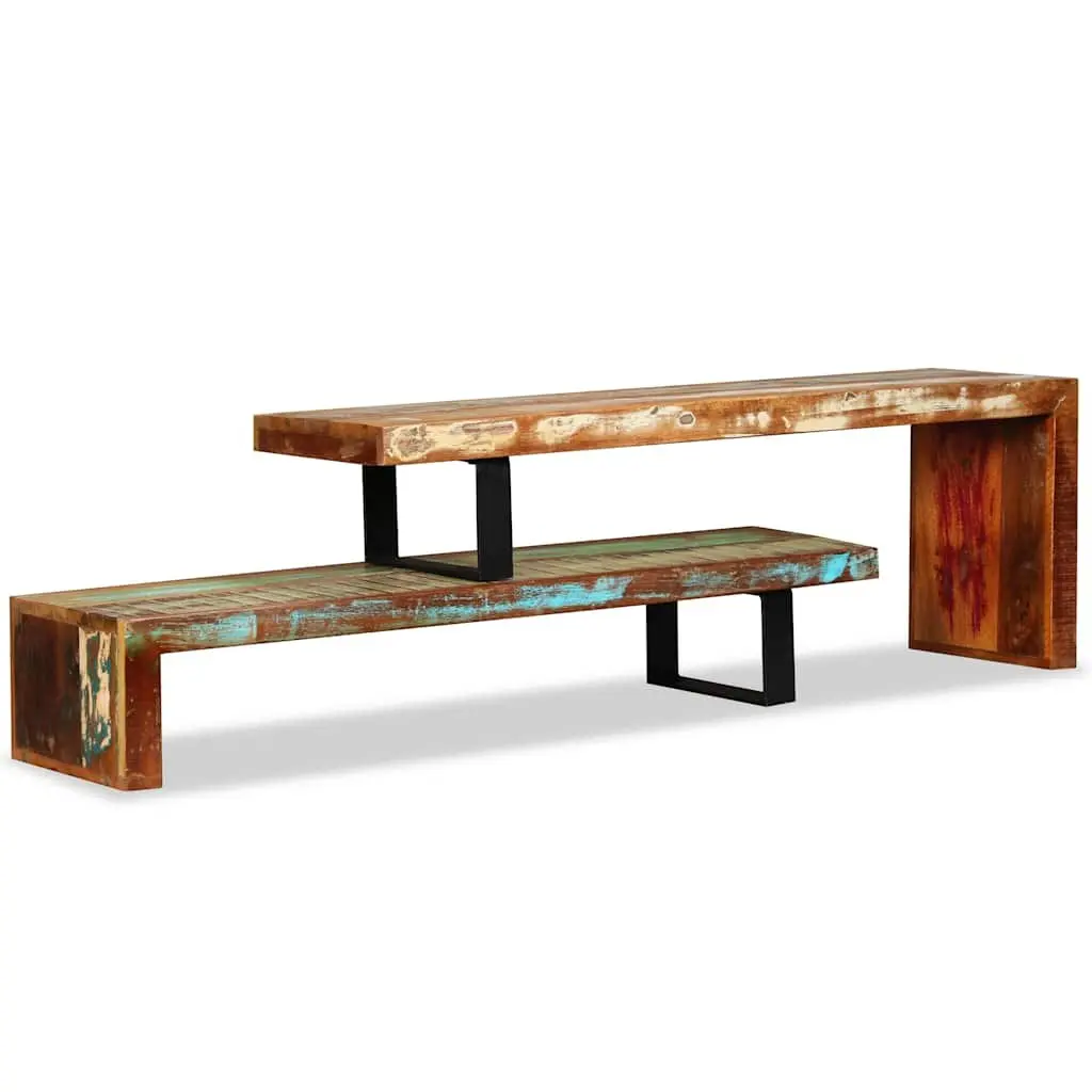 TV Stand Stackable Two-Tier Brown Solid Reclaimed Wood Storage Cabinet