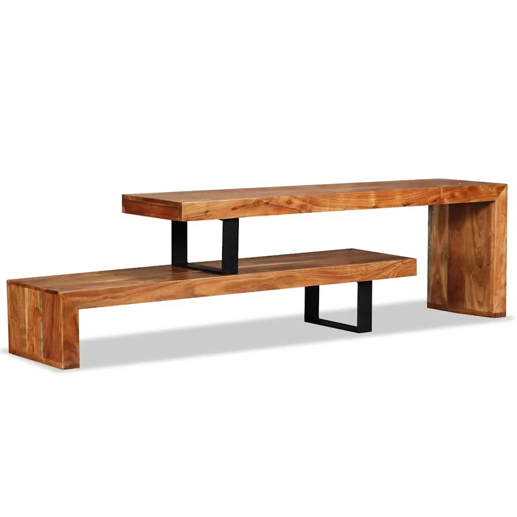 Wooden TV Stand Retro 2-Tier Stackable Cabinet Solid Acacia Wood Brown