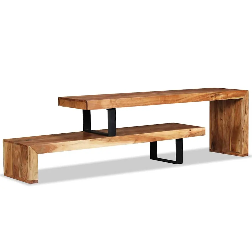 Wooden TV Stand Retro 2-Tier Stackable Cabinet Solid Acacia Wood Brown