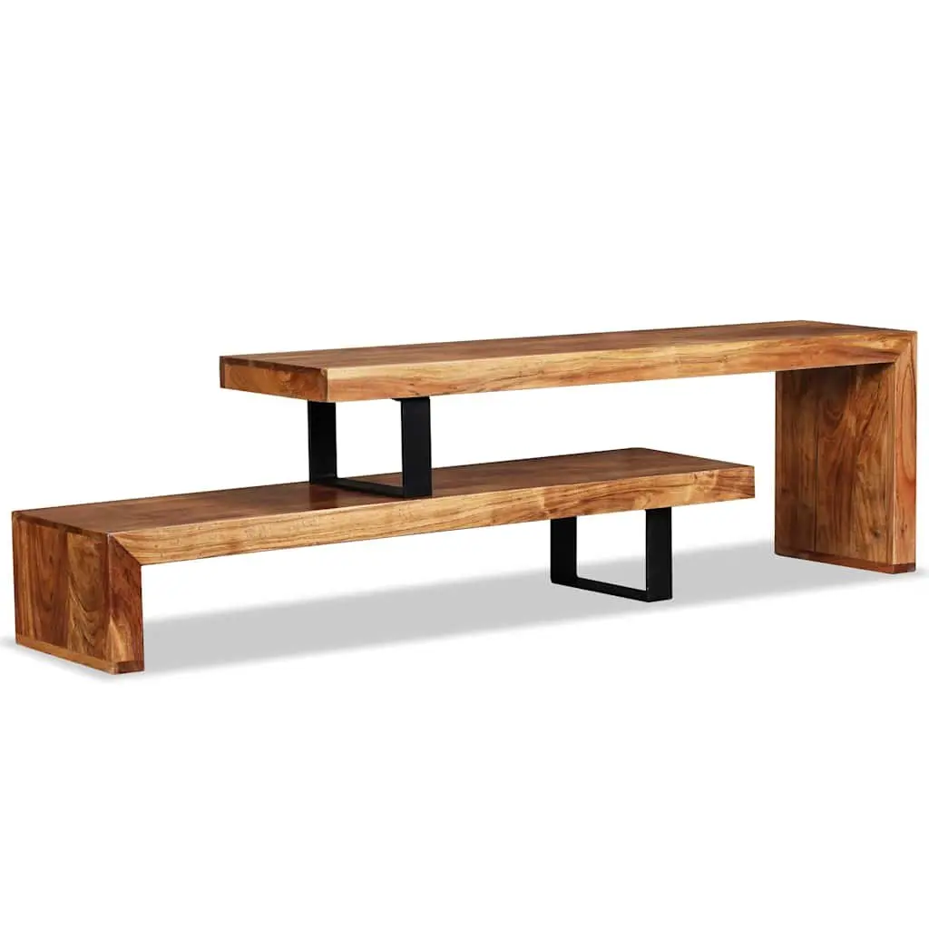 Wooden TV Stand Retro 2-Tier Stackable Cabinet Solid Acacia Wood Brown