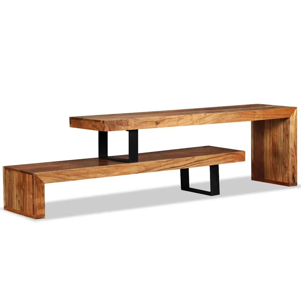 Wooden TV Stand Retro 2-Tier Stackable Cabinet Solid Acacia Wood Brown